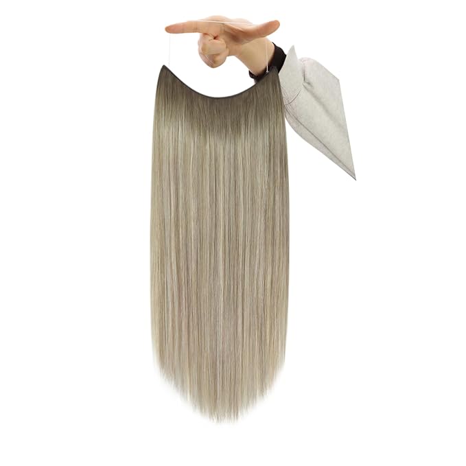 YoungSee Wire Hair Extensions for Women Ombre Invisible Wire Hair Extensions Human Hair Balayage Ash Blonde Ombre Platinum Blonde Fish Line Extensions Real Human Hair 80g 18In