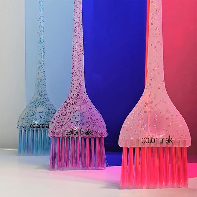 Colortrak 3 Pack Hair Color Brush Set with Glitter Handles for Highlighting, Tint and Coloring Hair Sections - Soft Feathered Bristles Application 3.5 x 11 inch