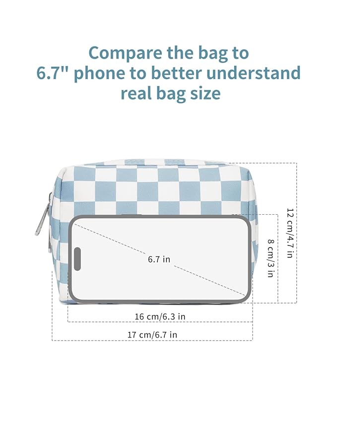 Narwey Small Checkered Makeup Bag for Purse Mini Cosmetic Bag Travel Makeup Pouch Zipper Pouch Cute Make up Bags with Compartments for Women Girls(Small,Sky Blue Checkerboard)