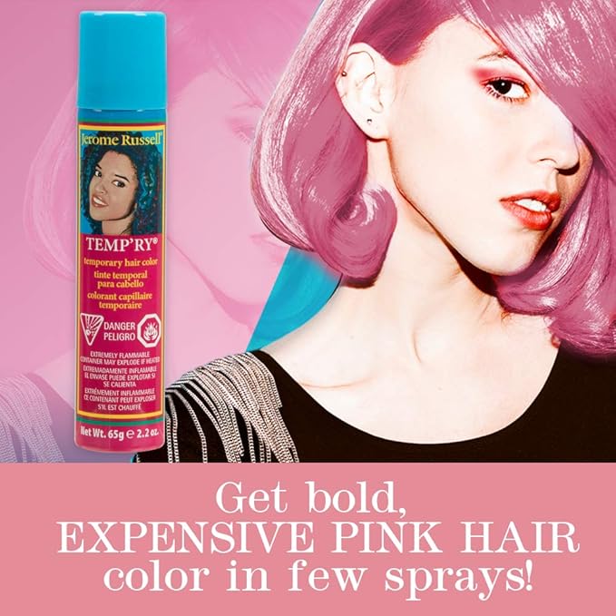 Jerome Russell Temporary Hair Color Spray Pink - Intense Spray-On Temporary Hair Color, Fast-Drying, Non-Sticky, Travel Size, 2.2 oz, Peroxide Free, Pink