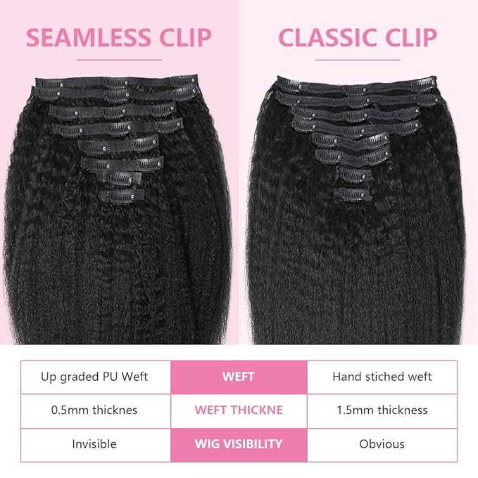 Seamless Clip In Hair Extensions Human Hair Invisible Pu Skin Weft Kinky Straight Seamless Clip Ins For Black Women Real Human Hair Extensions 8pcs With 18clips Per Set 120g (24inch,Natural Black)