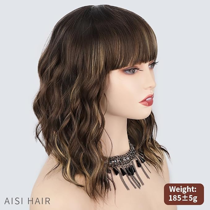 AISI HAIR Synthetic Curly Bob Wig with Bangs Natural Brown with Blonde Highlight Short Wavy Hair for Women Natural Looking Heat Resistant Bob Wigs