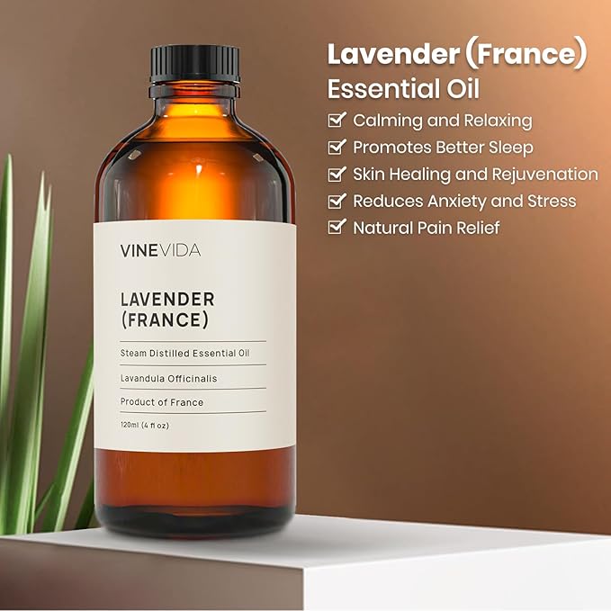 VINEVIDA Lavender France Undiluted Essential Oil 4 oz - Pure, Natural, and Raw Lavender Oil for DIY Candle Scents and Soap Making - Safe for Skin - Vegan and Cruelty Free