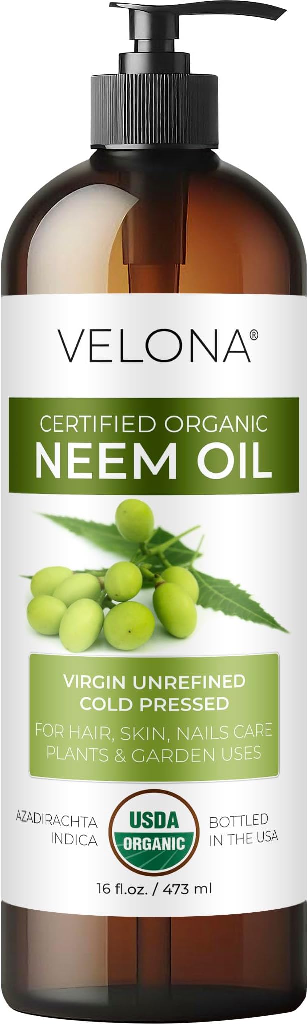 velona Neem Oil USDA Certified Organic - 16 Fl Oz | 100% Pure and Natural Carrier Oil | Virgin, Unrefined, Cold Pressed | Hair, Body and Skin Care | Use Today - Enjoy Results