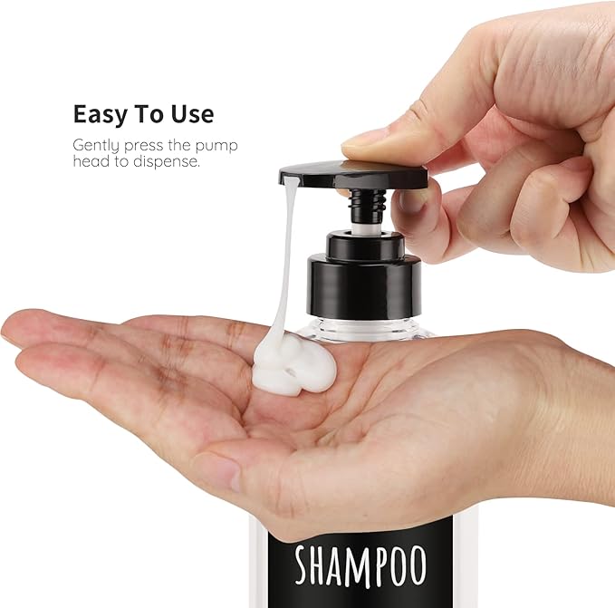 Shampoo Bottles with Labels, Segbeauty 3pcs 16.9oz/500ml Plastic Pump Bottle Dispenser, Empty Refillable Shower Lotion Body Soap Shampoo Conditioner Press Dispenser for Hotel Bathroom Kitchen Clear