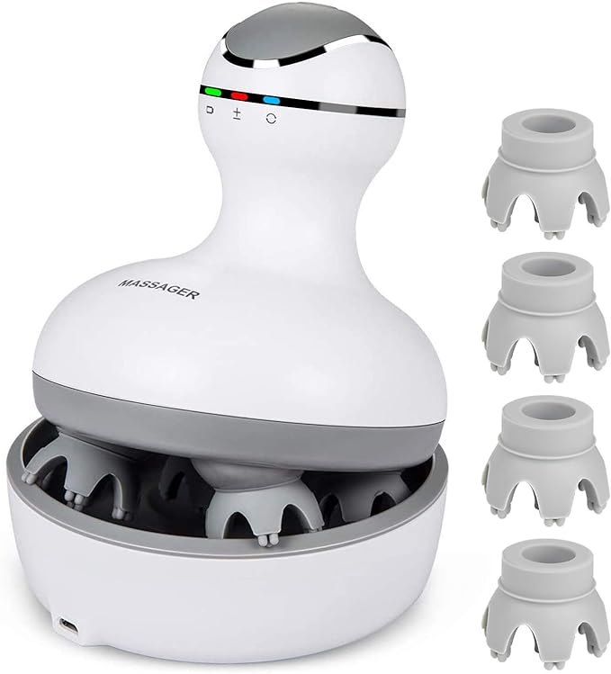 cotsoco Electric Scalp Head & Back Massager, Cordless Hair Massage Waterproof Head Massager with 4 Heads 84 Nodes for Hair Growth, Stress Relief & Deep Clean, Gifts for Mom, White