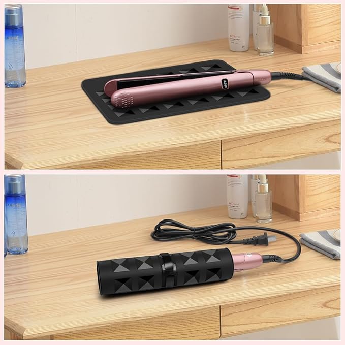 Professional Silicone Heat Resistant Mat, Heat Mat for Curling Iron, Flat Iron, Hair Styling Tools Appliances Dryer Salon Tools Hair Stylist, with Hook Loop Strips (Block Black)
