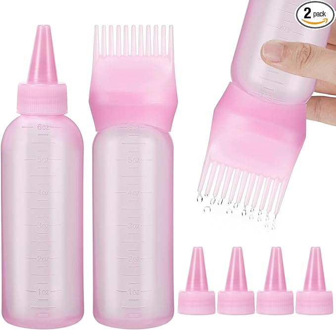 Pimoys Hair Oil Applicator Bottles Dye Brush for Women Scalp, Hair Color Products Things with Root Comb, Pink 2 Pack