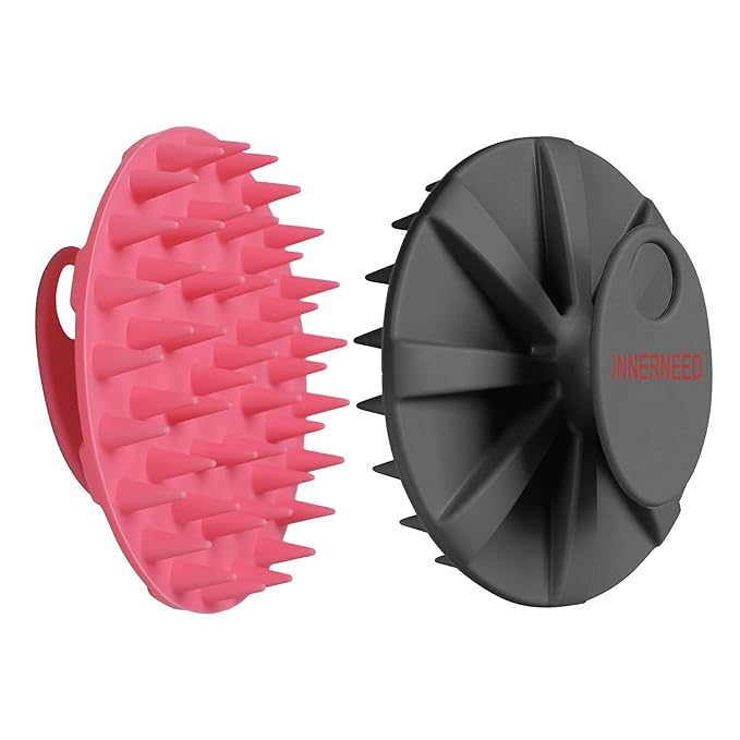 INNERNEED Scalp Massager Shampoo Brush, Wet & Dry Manual Scalp Care Head Scrubber Hair Washing, Soft Silicone Bristles, for Hair Growth, Dandruff Removal (Black+Pink)