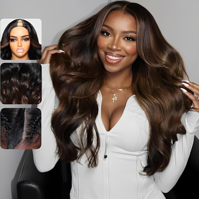 KLAIYI Ombre Brown V Part Wig Body Wave Human Hair Upgrade U Part Wig with Dark Roots Glueless Chestnut Brown Clip in Half Wig No Glue No Leave Out Beginner Wigs for Women Wear and Go Wig 150% 16Inch