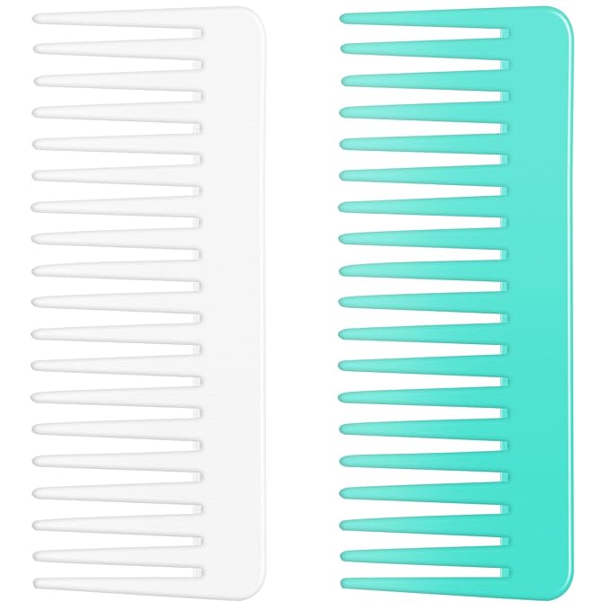 Wide Tooth and Large Detangling Comb Set for Long, Curly, Wet Hair - No Handle Styling, Shampoo, and Detangling Combs (2 Pieces - White, Cyan)
