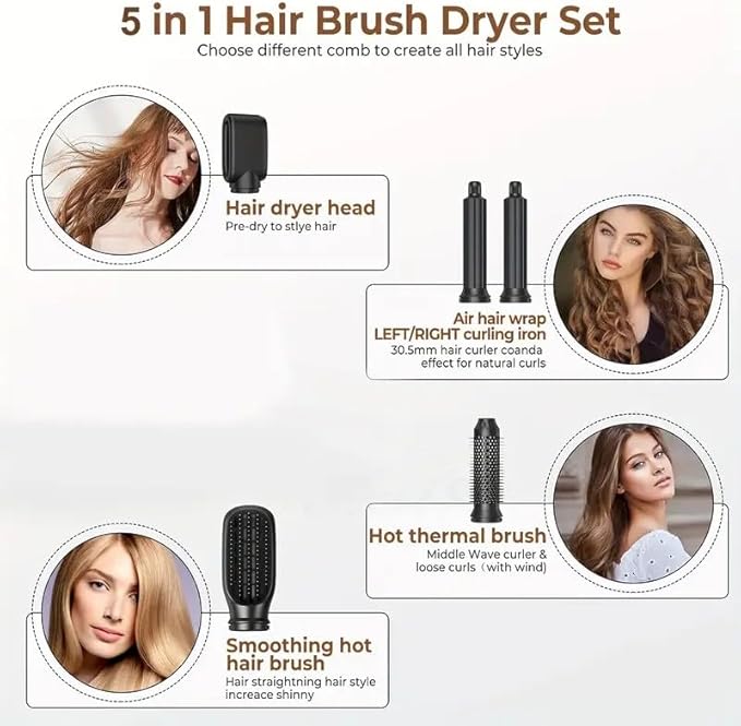 5 in 1 Hair Dryer Brush -Ionic Auto Wrap Curler & Straightener with 3 Heat Settings, Magic Hair Styler Salon-Grade Results for Women, Travel-Friendly Styler with ALCI Plug (A-Black)