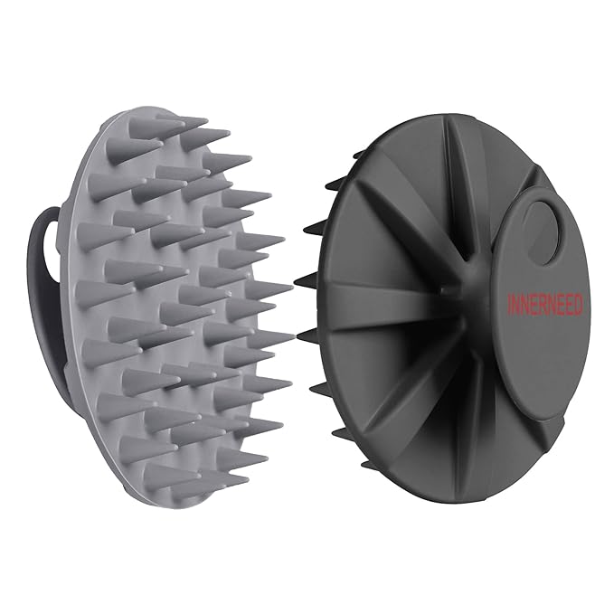 INNERNEED Scalp Massager Shampoo Brush, Wet & Dry Manual Scalp Care Head Scrubber Hair Washing, Soft Silicone Bristles, for Hair Growth, Dandruff Removal (Black+Gray)
