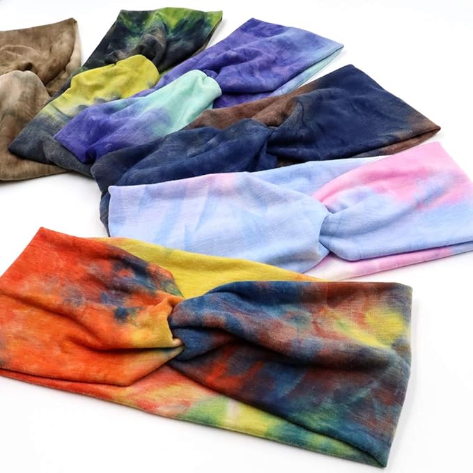 NODG 6 Pieces Tie Dye Headbands for Women - Knot Turban Headbands, Boho Knotted Yoga Head Wraps, Criss Cross Bands