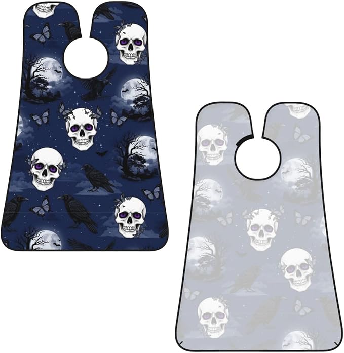 Adjustable Beard Bib, Non-Stick Hair Catcher Cape for Men's Shaving, Waterproof with 2 Suction Cups, Halloween Full Moon Raven Goth Skulls Shave Bib