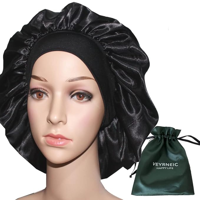 VEYRNEIC Hair Satin Bonnet for Sleeping Shower Caps Silk Chemo Caps with Wide Elastic Band Night Sleep Cap Bonnets for Black Women Braids with Satin Storage Bag (Black)