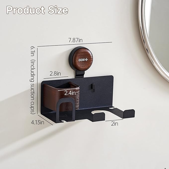 Hair Dryer Holder Wall Mount with Suction Cup, No-Drill Metal Blow Dryer Holder, Hair Accessories Tools Organizer Rack with 1 Toothbrush Hanger & Shelf, Walnut Finish for Bathroom