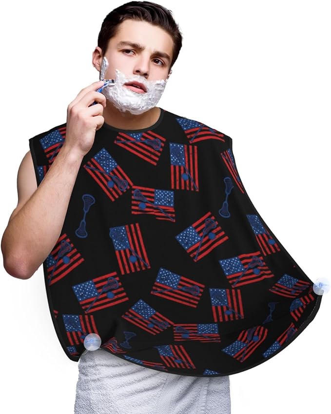 Ultimate Shaving Bib, Beard Trimming Apron with Hair Catcher, Lacrosse Sticks Ball USA American Flag Black