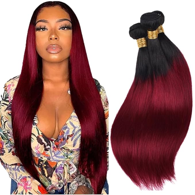 30 32 34 Inch Ombre Human Hair Bundles 1B99J Straight Bundle Niegmeag Brazilian Virgin Remy Hair Extensions 2 Tone Black and Burgundy Straight Bundle 150g
