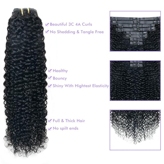Seamless 3C 4A Kinky Curly Clip In Extension PU Weft Curly Clip in Extension Human Hair Clip Ins Full Head for Black Women Brazilian Remy Human Hair Natural Color 8Pcs with18clips 120g/Set (20 inch)