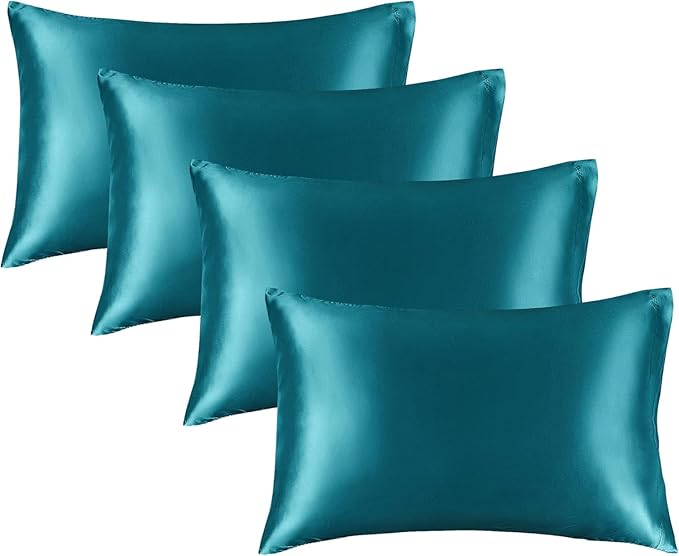 Satin Silk Pillowcase for Hair and Skin, Black Pillow Cases Standard Size Set of 4 Pack Super Soft Pillow Case with Zipper Closure (Teal, Queen(4 Pack))