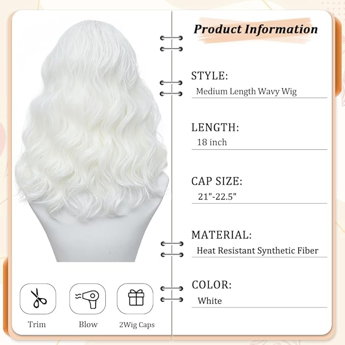 White Wig for Women, 18 Inch Middle Part Wavy Curly Wigs Synthetic Heat Resistant Soft deep wave Wig for Women Daily Use (White, 18 Inch)