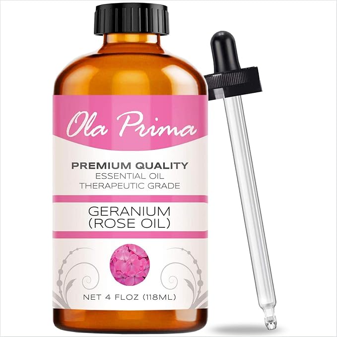 Ola Prima Rose Geranium Essential Oil - Premium Grade for Aromatherapy, Diffuser, Candle & Soap Making, Dropper - 4 fl oz - Rose Geranium - Rose Oil for Candle Making