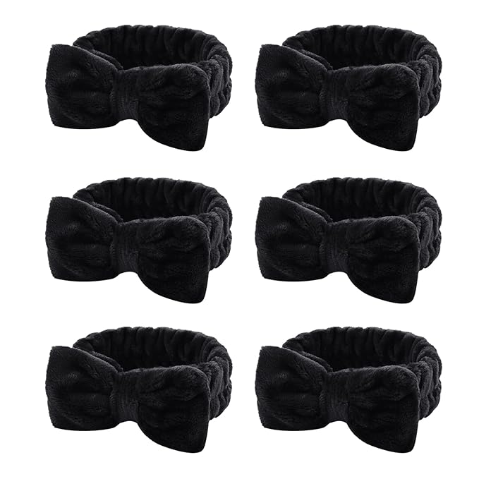Casoty 6 Pcs Black Spa Headband, Bow Hair Band, Hair Band for Washing Face, Fuzzy Headbands for Women Girls, Soft Coral Fleece Skincare Headbands for Face Washing Shower Yoga