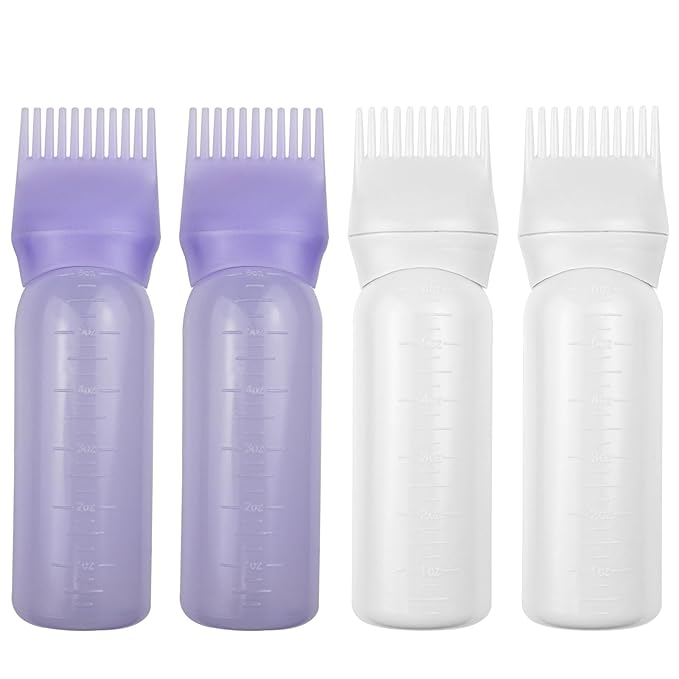 ELANE 4 Pack Root Comb Applicator Bottle,Oil Comb Applicator for Hair Dye Shampoos Hair Salons (2 purple + 2 white)