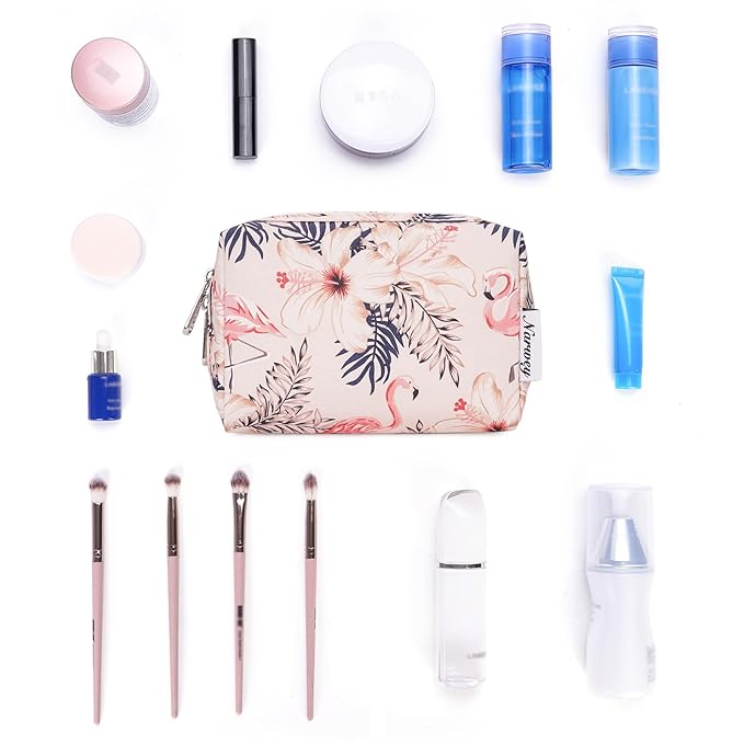 Narwey Small Makeup Bag for Purse Mini Cosmetic Bag Travel Makeup Pouch Zipper Pouch Cute Make up Bags with Compartments for Women Girls (Beige Flamingo, Small)