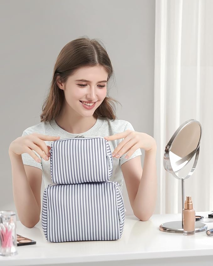 Narwey Small Striped Makeup Bag for Purse Mini Cosmetic Bag Travel Makeup Pouch Zipper Pouch Cute Make up Bags with Compartments for Women Girls (Greyish Blue Stripe, Small)