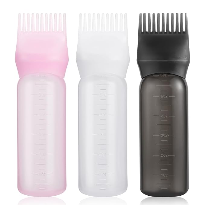 Pimoys Root Comb Applicator Bottle Oil Applicator for Hair Dye, Hair Oiling Bottle Brush with Graduated Scale (3 Pack, 6 Ounce)