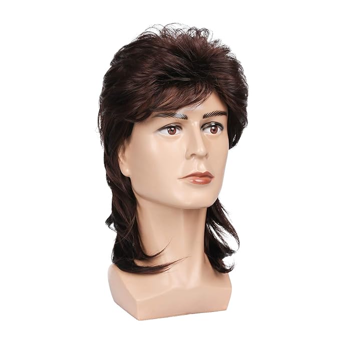 Kaneles Mullet Wigs for Men 70s 80s Costumes Mens Brown Fancy Party Accessory Cosplay Hair Wig