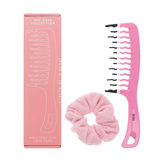 Big Hair Tools Extra Large Wide Tooth Comb for Thick, Curly, Wavy or Long Hair - Frizz-Free Detangling Shower Comb - Big Hair Comb and Microfiber Scrunchie