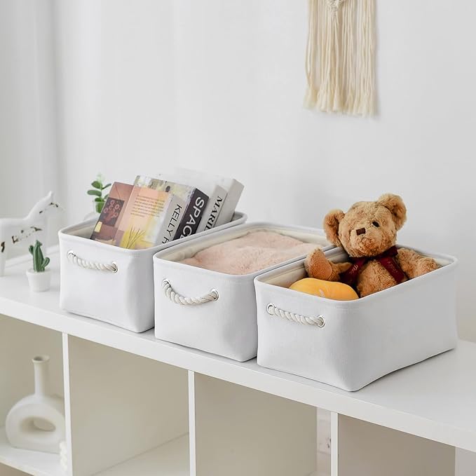 TheWarmHome Storage Bins for Shelves - Medium 3Pack 13.8L*9.8W*6.7H inch Fabric Storage Cubes Canves Storage Basket for Organizing Toys Baby Clothes Gift Dog (White)