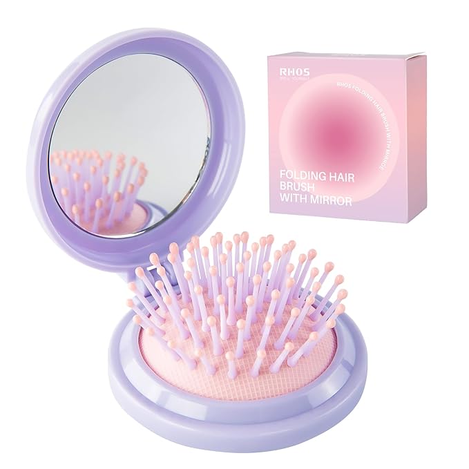 RHOS Hair Brush with Mirror for Women, Girls - Compact Folding Brush with Soft Nylon Bristles and Mirror - Portable Hair Brush for Travel (Purple)