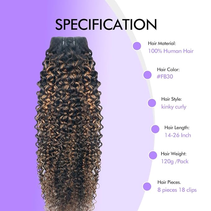 FB30 Highlight Ombre Curly Clip In Extension Human Hair 3C 4A Kinky Curly Clip Ins Full Head for Black Women Brazilian Remy Human Hair Balayage Brown 8Pcs with18clips 120g/Set (18 inch)