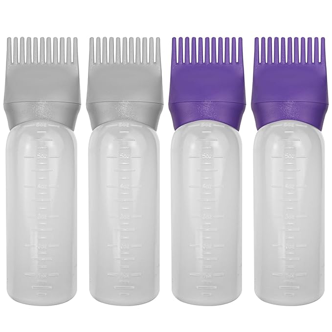 ELANE 4 Pack Hair Oiler Comb Bottle,Root Comb Applicator Bottle for Hair Oil Scalp Hair Oiling Applicator(Grey+Purple)