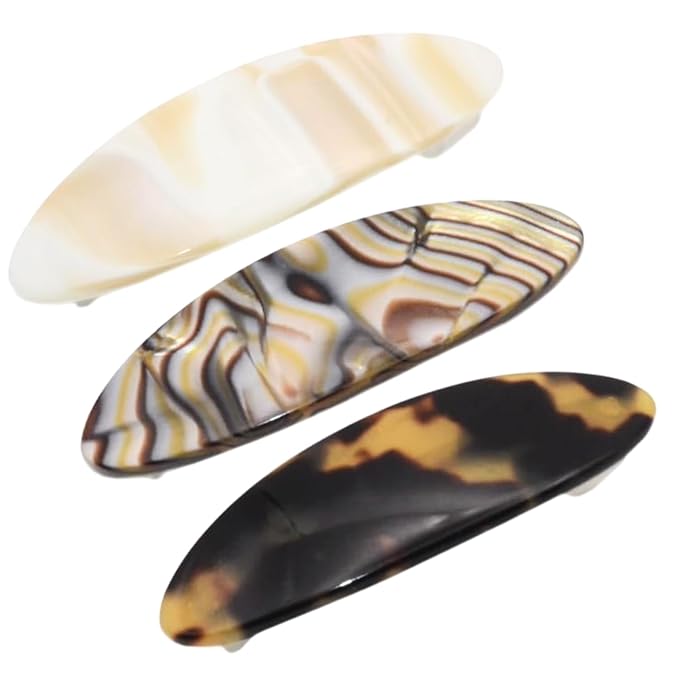 French Amie Oval Mini Silver Grey Onyx Tokyo Ivory Set of 3 Handmade Celluloid Hair Clip Barrette for Girls (2.5 inch)