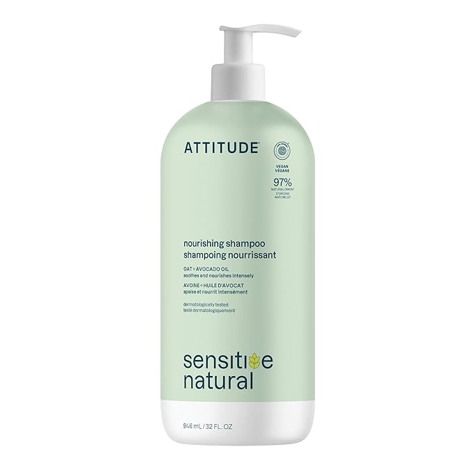 ATTITUDE Hair Shampoo for Sensitive Dry Scalp, EWG Verified, Soothing Oat, Dry and Damaged Hair, Naturally Derived Ingredients, Vegan and Plant-Based, Nourishing, Avocado Oil, 32 Fl Oz