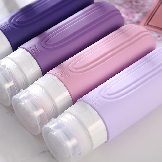 Travel Bottles for Toiletries, Tsa Approved 3oz Travel Size Containers BPA Free Leak Proof Refillable Liquid Silicone Squeezable Travel Accessories for Shampoo Conditioner Lotion (4 Pack)