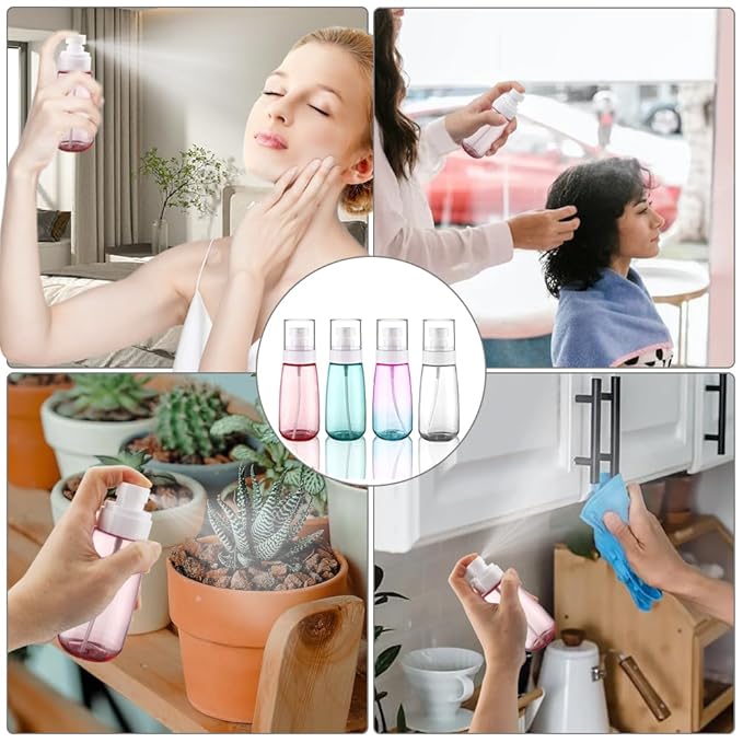 Cosywell Fine Mist Spray Bottle TSA Approved 3.4oz 100ml 4 Pack Empty Cosmetic Refillable Travel Containers Plastic Spray Bottle for Perfume Essential Oils Toners Rose Water Cosmetics(4Colors)