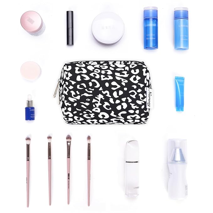 Narwey Small Cheetah Makeup Bag for Purse Mini Cosmetic Bag Travel Makeup Pouch Zipper Pouch Cute Make up Bags with Compartments for Women Girls (Black Leopard, Small)