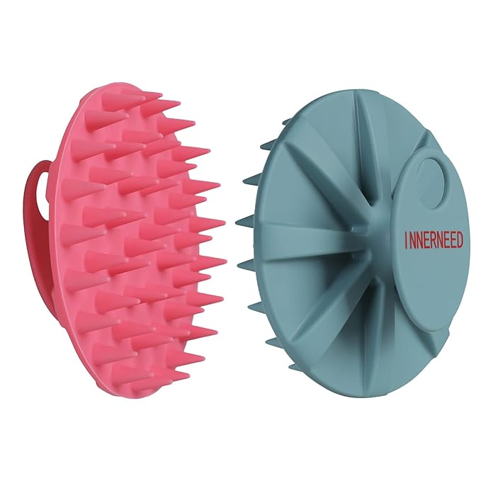 Scalp Massager Shampoo Brush, Wet & Dry Manual Scalp Care Head Scrubber Hair Washing, Soft Silicone Bristles, for Hair Growth, Dandruff Removal, Comfortable for All Hair Types (Dark Green+Pink)