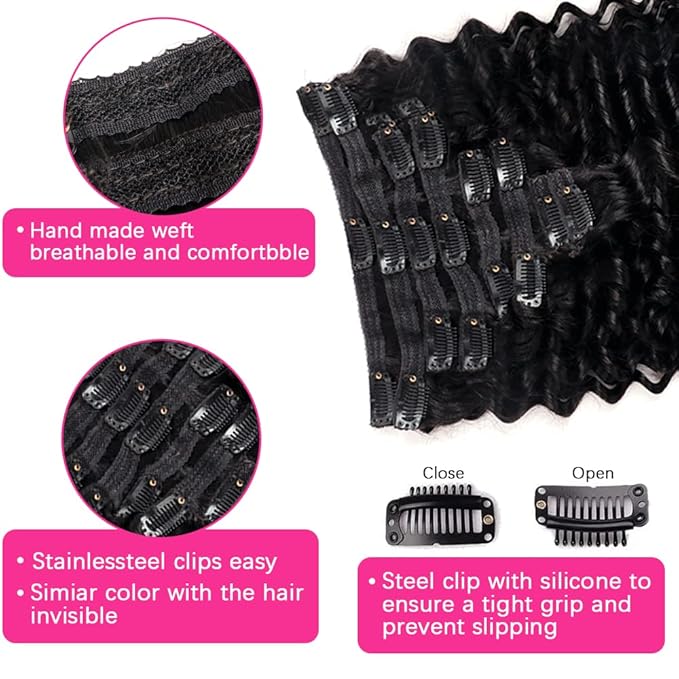 Deep Wave Clip in Hair Extensions Real Human Hair Brazilian Virgin Human Hair Clip in Extensions for Black Women 8Pcs Remy Hair with 18Clips 120g (26inch, Natural Black)