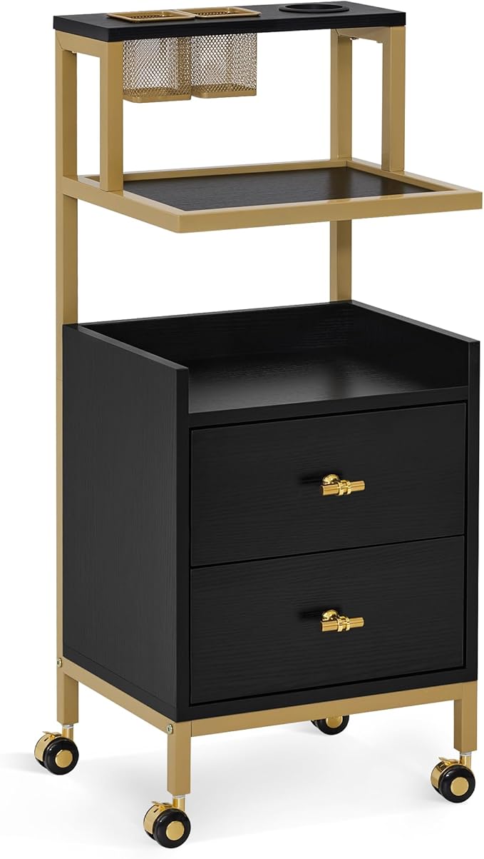BarberPub Rolling Salon Cart with Storage Drawers, Barber Trolley with Metal Tool Holder & Basket, Beauty Salon Equipment for Hair Stylist 2084 (Black)