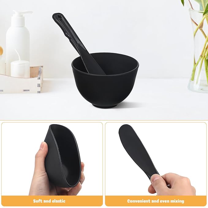 Sturdy Silicone Face Mask Mixing Bowls Flat Spatula Reusable Mud Mask Bowls for DIY Facial Care and Spa Supplies (Black)