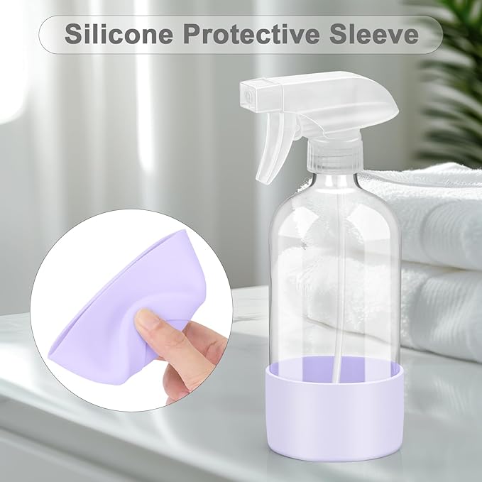 2 Pack Glass Spray Bottles with Silicone Sleeve, 16 oz Empty Refillable Containers with Adjustable Spray Nozzles, Spray Bottles for Hair, Cleaning Solutions and Plants Purple