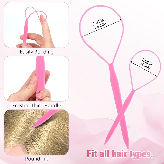 9pcs Topsy Hair Tail Tools & rat tail combs set, 6pcs Ponytail Pull Through Tool 3pcs Long Steel Pin Combs, Turvy Loop Styling Tool for Woman & Girl Hair Styling (Pink,Purple, Blue) Linmxiy
