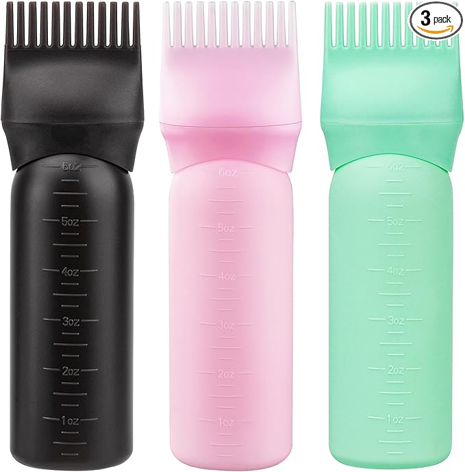 Cosywell Root Comb Applicator Bottle 6 Ounce 3 Pack Hair Oil Applicator Brush for Hair Root Comb Color with Graduated Scale (Black Pink Green)